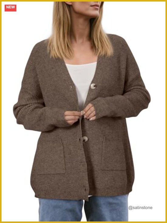 Sweaters - Women's Wool Blend Chunky Knit Cardigan, V-Neck Button Front with Pockets